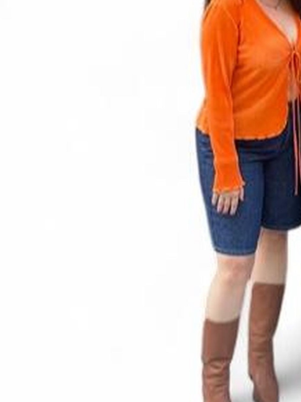 Orange Pleated Tie-Front Crop Top with Bell Long Sleeves